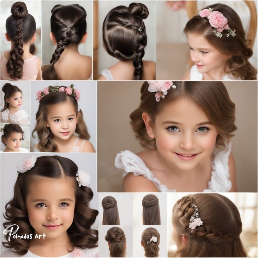 Un collage que muestra varios peinados para niñas, incluidas opciones divertidas y únicas para un peinado sencillo.