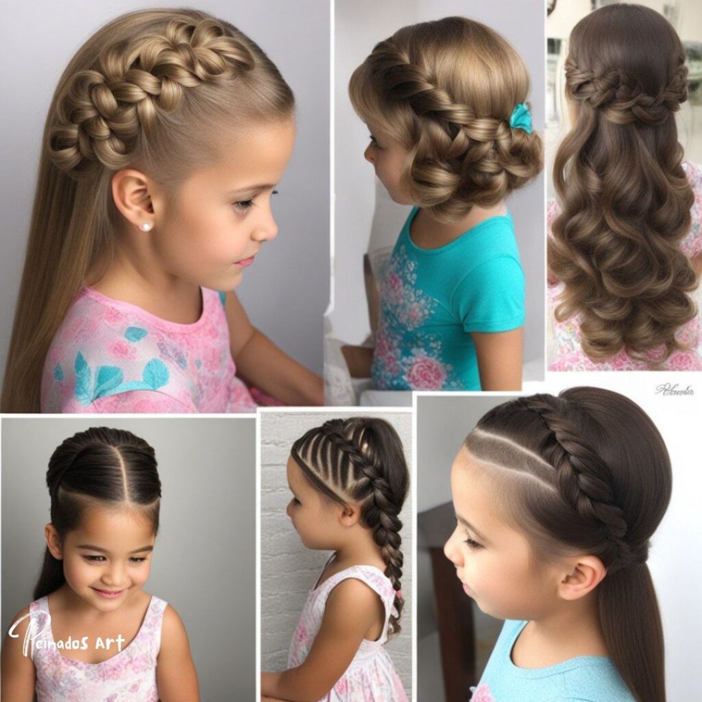 Un collage que muestra varios estilos de cabello, incluidas trenzas, con imágenes de peinados creativos y únicos para niñas.