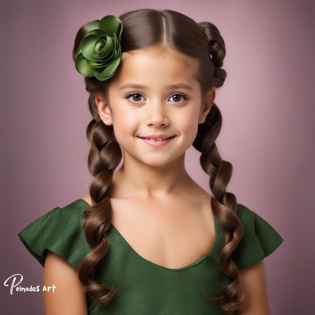 Una linda chica con un vestido verde, mostrando su largo cabello, mientras explora varios peinados creativos y únicos.