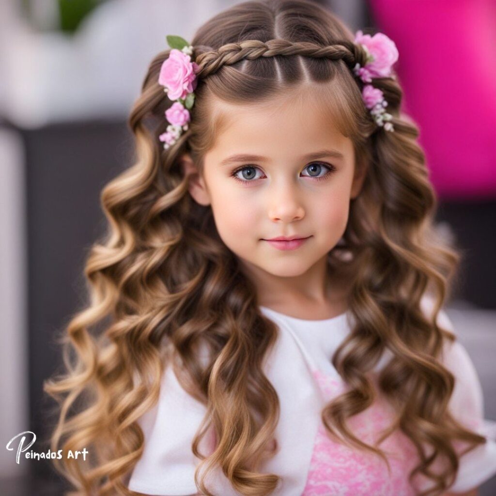Una linda chica con cabello largo y rizado adornado con flores, que muestra varios peinados locos para niñas.