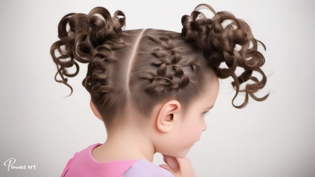 Una niña con el pelo peinado en un bonito moño, que muestra un ejemplo de un peinado loco y fácil para niñas.