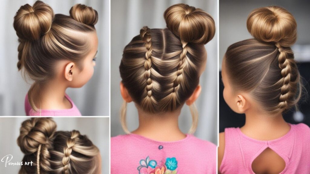 El cabello de una niña está cuidadosamente trenzado en un moño, lo que muestra un peinado loco, fácil y elegante para niñas.