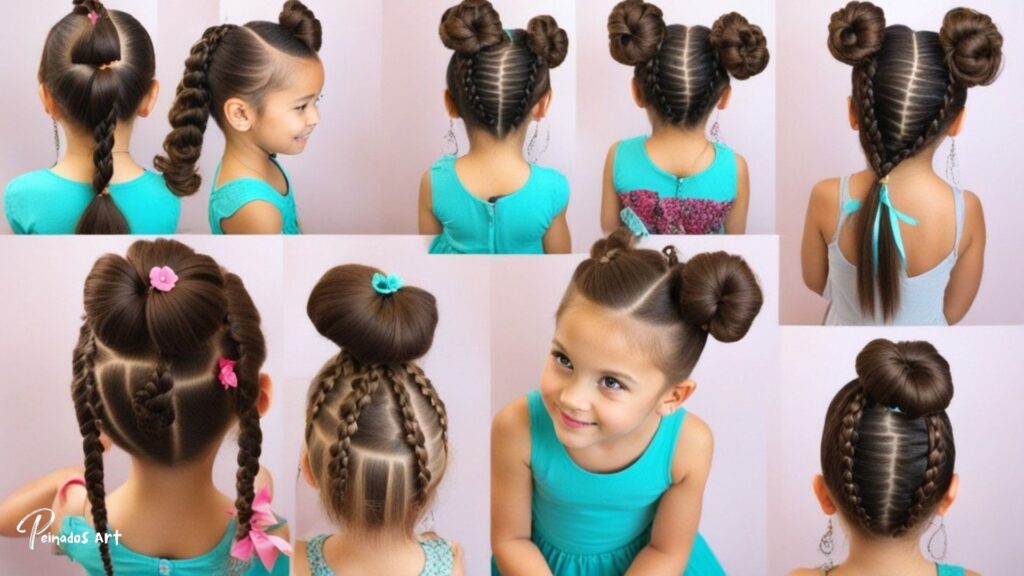 
Un collage que muestra varios peinados para niñas pequeñas, incluidas opciones sencillas y creativas para peinados locos.
