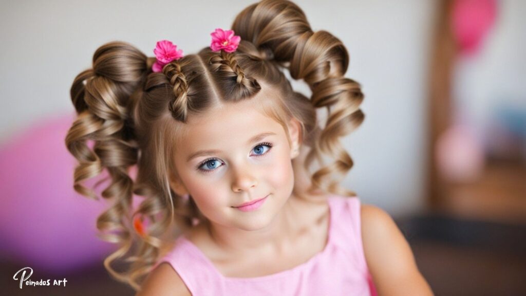 Una joven con cabello rizado adornado con flores rosas, que muestra peinados locos, fáciles y creativos para niñas.