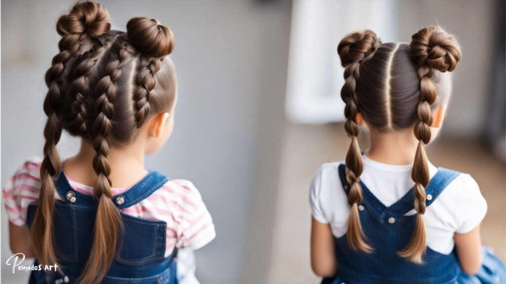 Dos chicas jóvenes con el pelo trenzado en posiciones idénticas, mostrando peinados locos, fáciles y creativos para niñas.