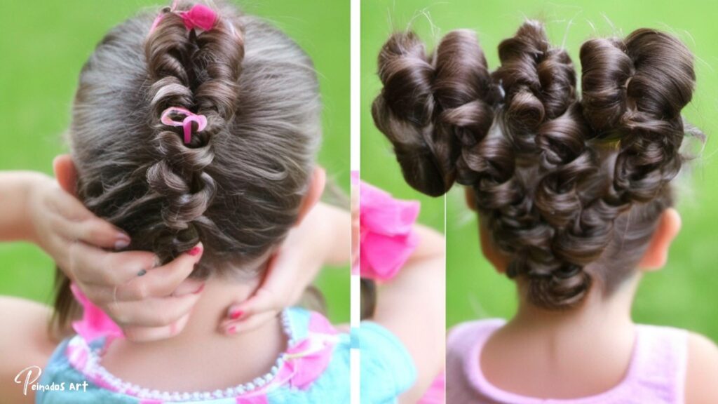 Dos adorables instantáneas de una joven mostrando su cabello peinado en una encantadora trenza, que ejemplifica peinados locos y fáciles para niñas.