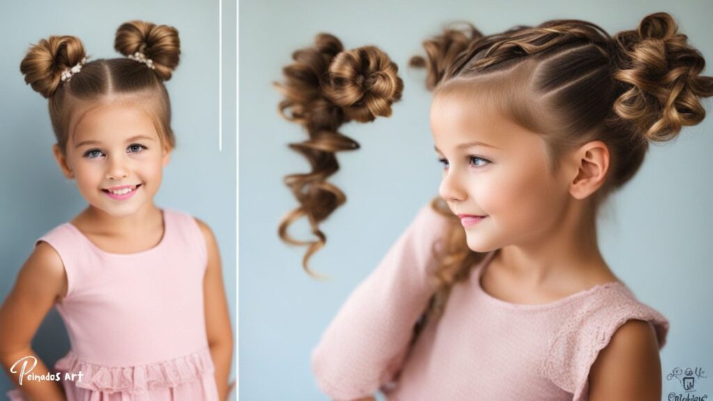 Dos fotos de una chica con peinados de moño locos.