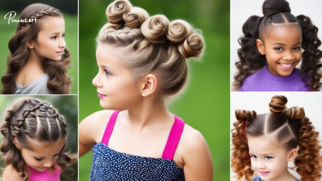 Un collage de imágenes que muestran varios peinados para niñas, incluidas opciones fáciles y locas.
