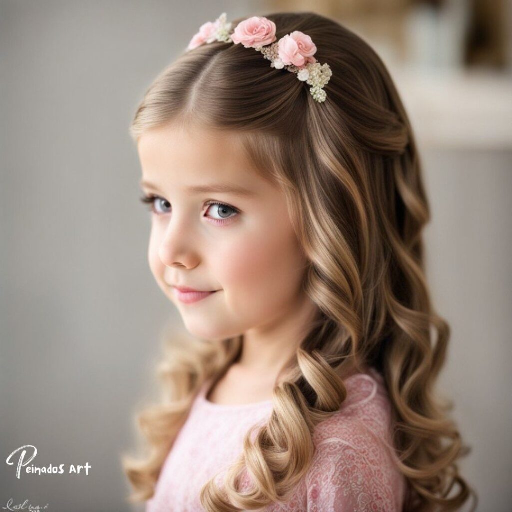 Una linda chica adornada con una corona floral, mostrando peinados adecuados para chicas con cabello largo.