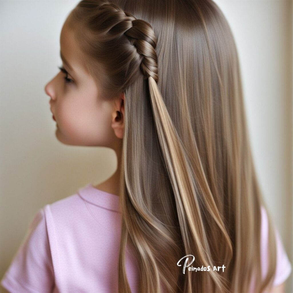 Una linda chica con una sola trenza, que muestra peinados para cabello largo para niñas.