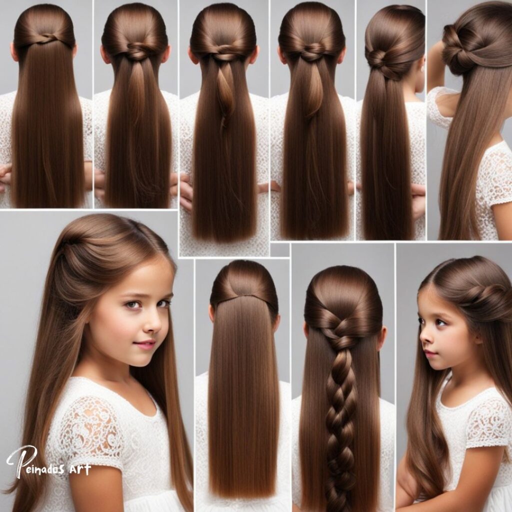 Collage de peinados para cabello largo con tutorial de trenzado.