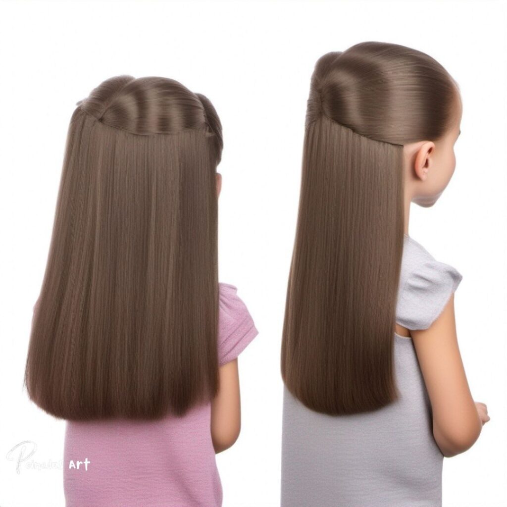Dos chicas jóvenes con cabello largo y una con cola de caballo, mostrando peinados para cabello largo para niñas.