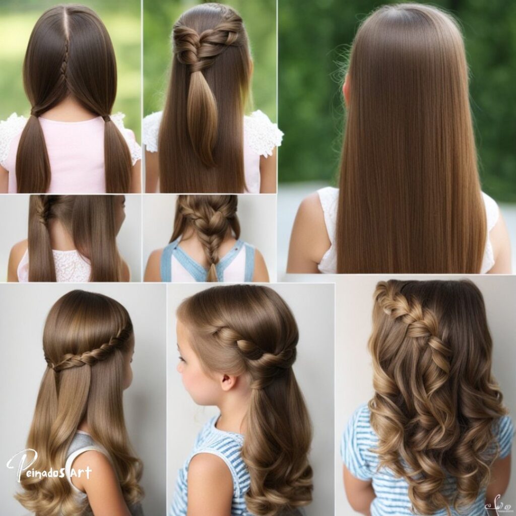 Un encantador peinado con trenza mitad arriba y mitad abajo para niñas con cabello largo, perfecto para peinados de niñas.