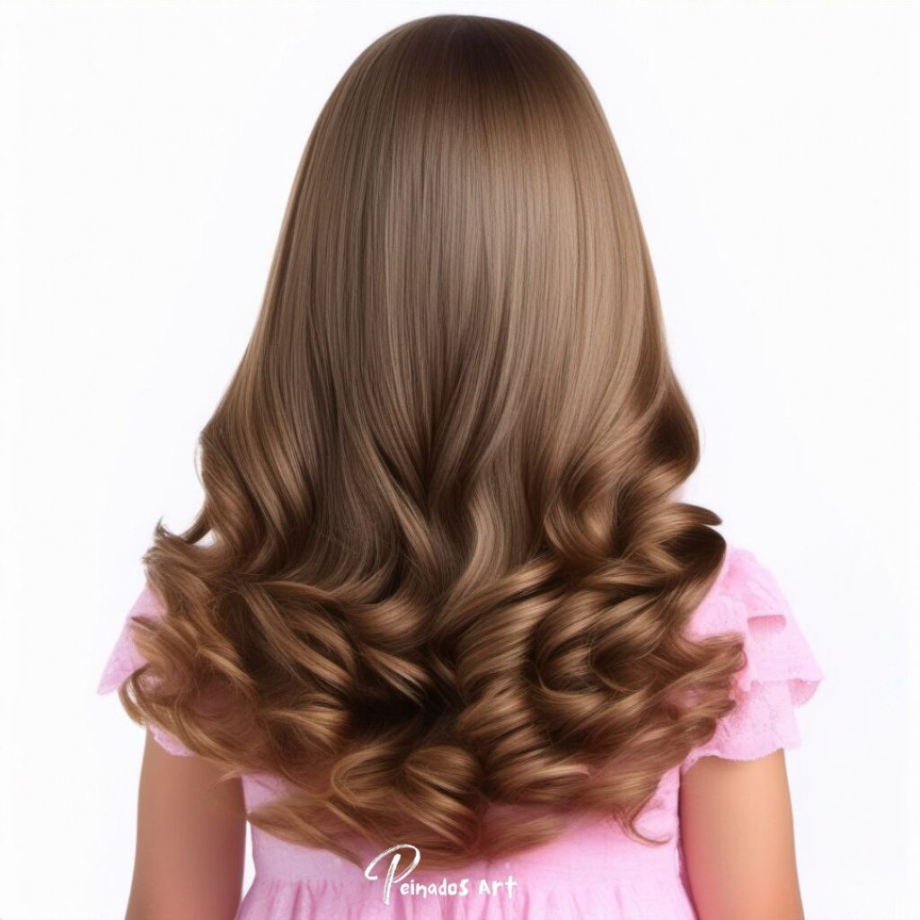 Una vista seductora de la espalda de una niña, mostrando su largo cabello ondulado, ideal para explorar diferentes peinados para niñas.