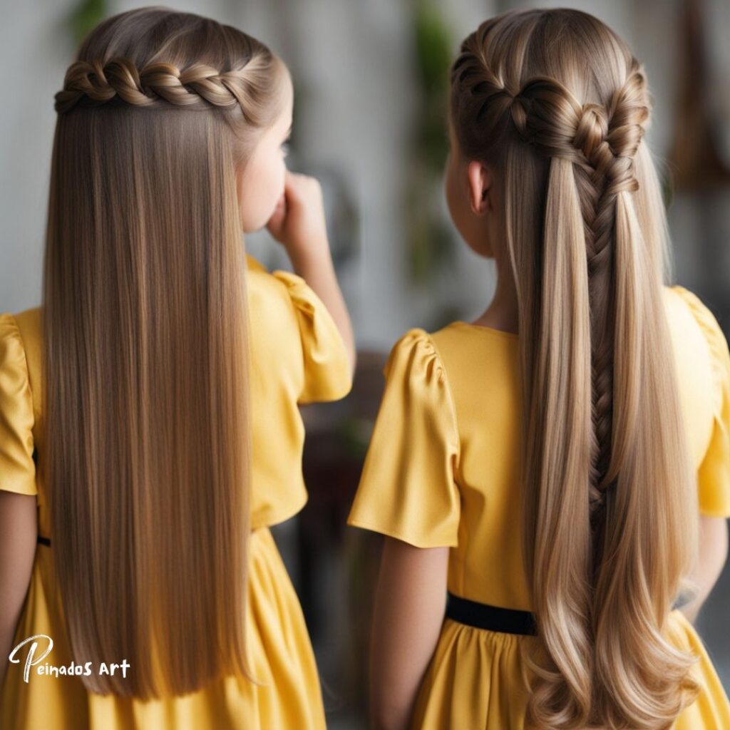 Dos chicas jóvenes con el pelo largo peinados con una trenza, mostrando peinados para chicas con pelo largo.