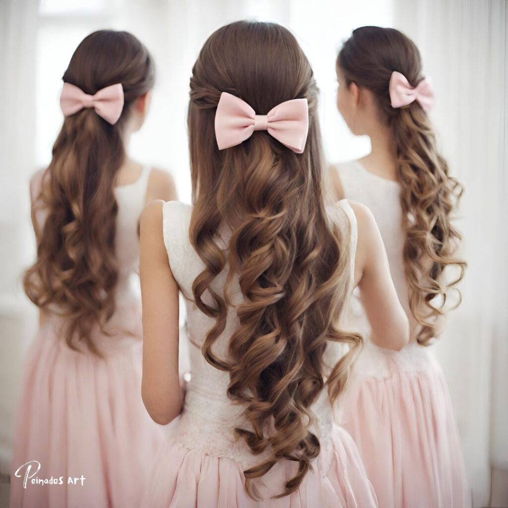 Un collage de peinados para chicas de pelo largo con moños, que muestra varios looks modernos y accesorios divertidos.