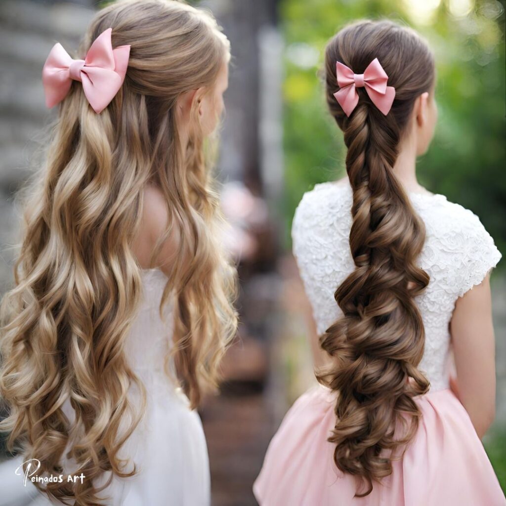 Dos chicas con cabello largo en cola de caballo, mostrando peinados para cabello largo con corbatas.