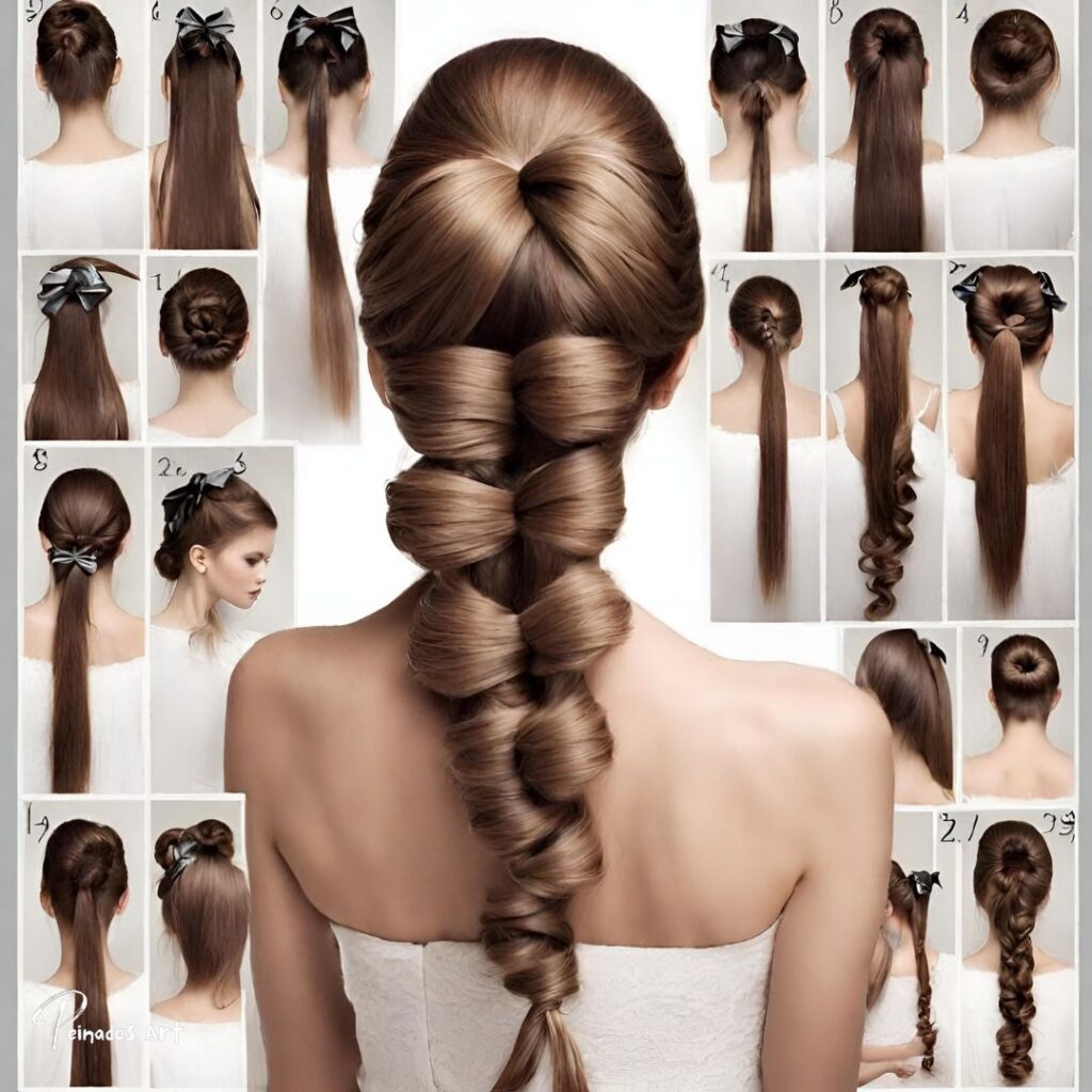 Un collage que muestra varios estilos de cabello, incluido el cabello largo recogido, perfecto para chicas que buscan inspiración para su peinado.