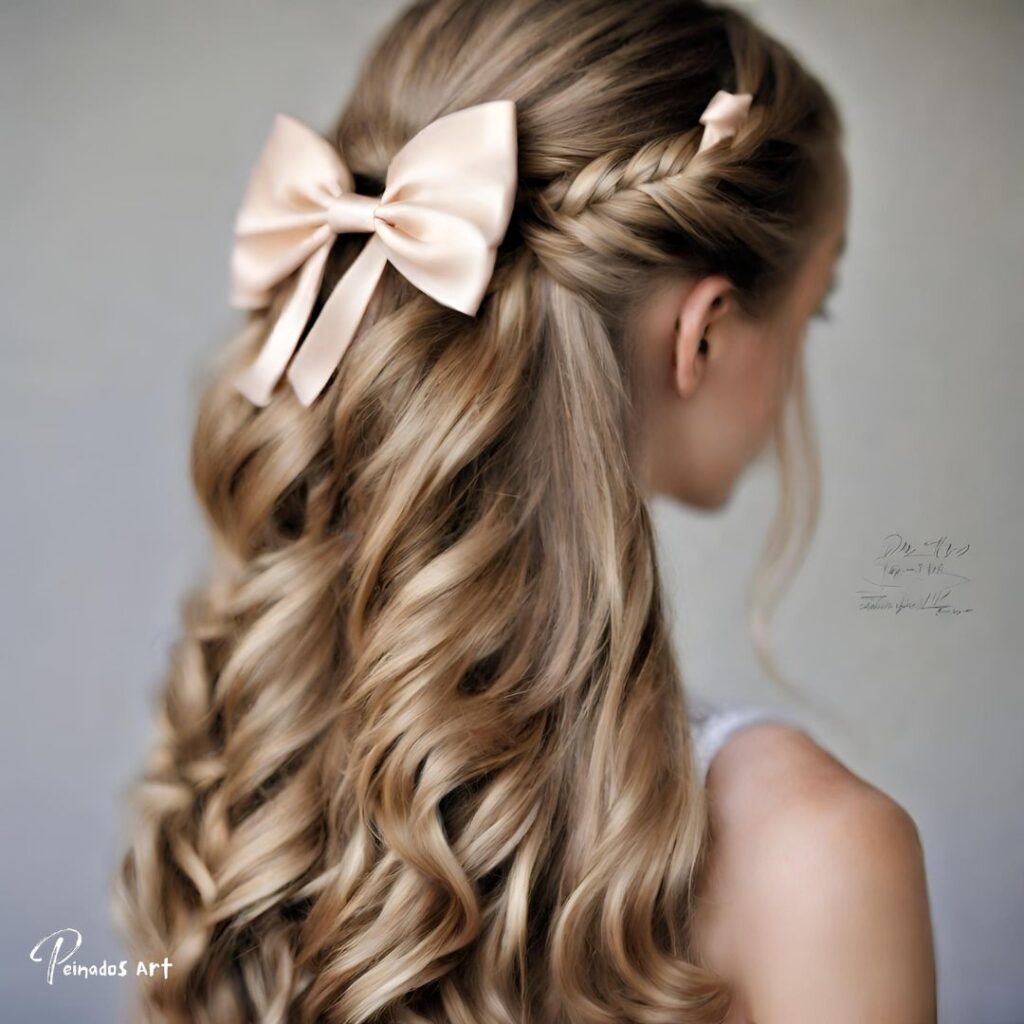 Una chica encantadora con cabello rubio suelto y un lazo encantador, que muestra peinados para cabello largo con corbatas.
