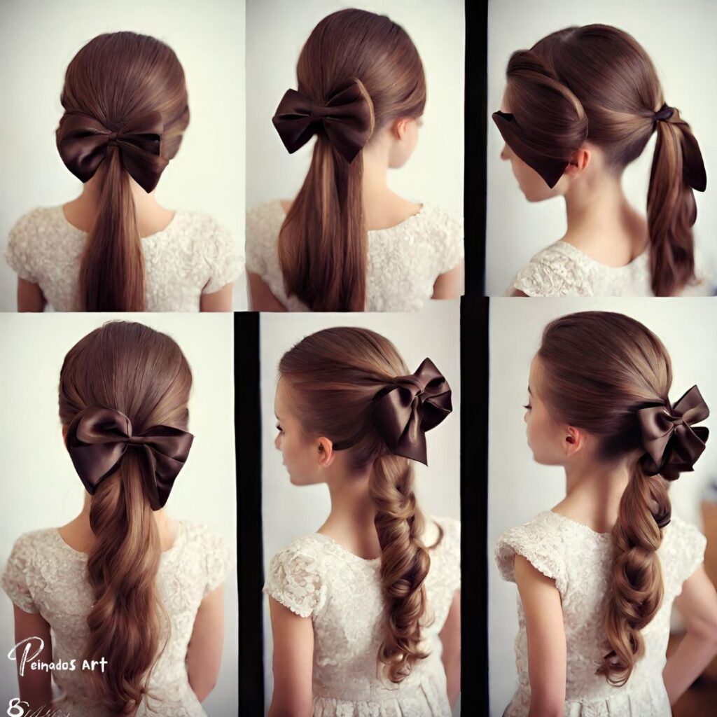 una imagen que muestra peinados para cabello largo para niñas con corbatas