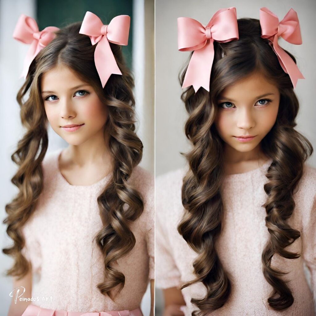 Dos adorables imágenes de una niña con cabello largo y un lazo rosa, que muestran diferentes peinados para niñas con corbata.