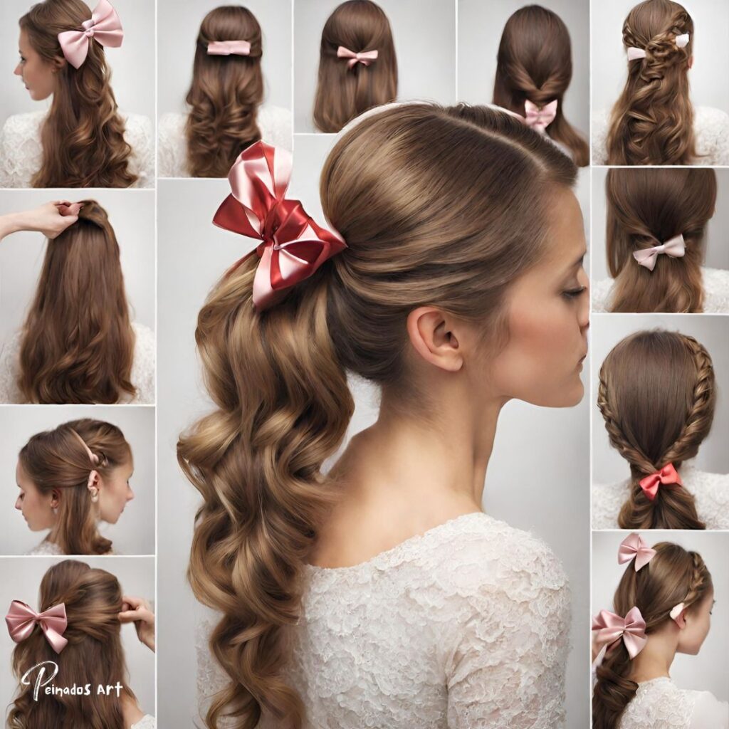 Un collage de imágenes que muestran cómo crear una cola de caballo con un lazo, mostrando peinados para chicas de pelo largo que usan corbatas.