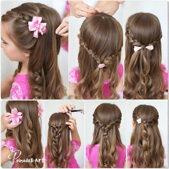 Un collage de imágenes que muestran un peinado con trenza fácil para niñas con cabello largo.
