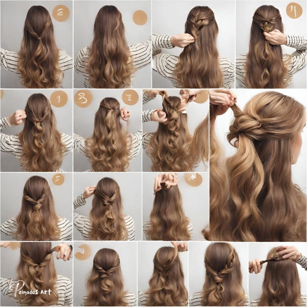 Guía sencilla para un peinado mitad arriba mitad abajo para niñas con cabello largo.