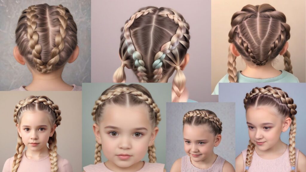 Un collage de diferentes peinados para niñas, con una corona de trenzas holandesas.
