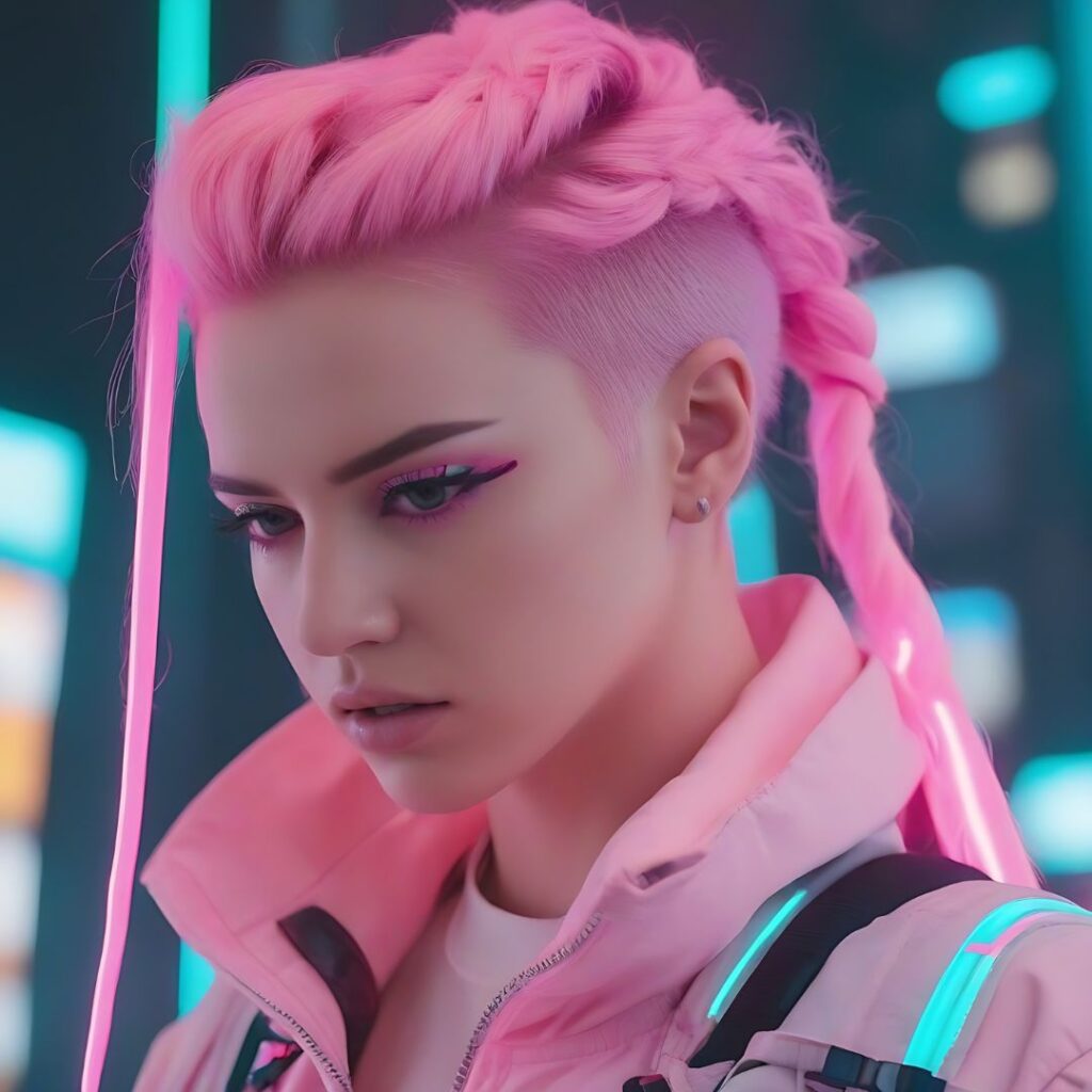 A woman with pink and neon hair styled in a Dutch Spike Braid.