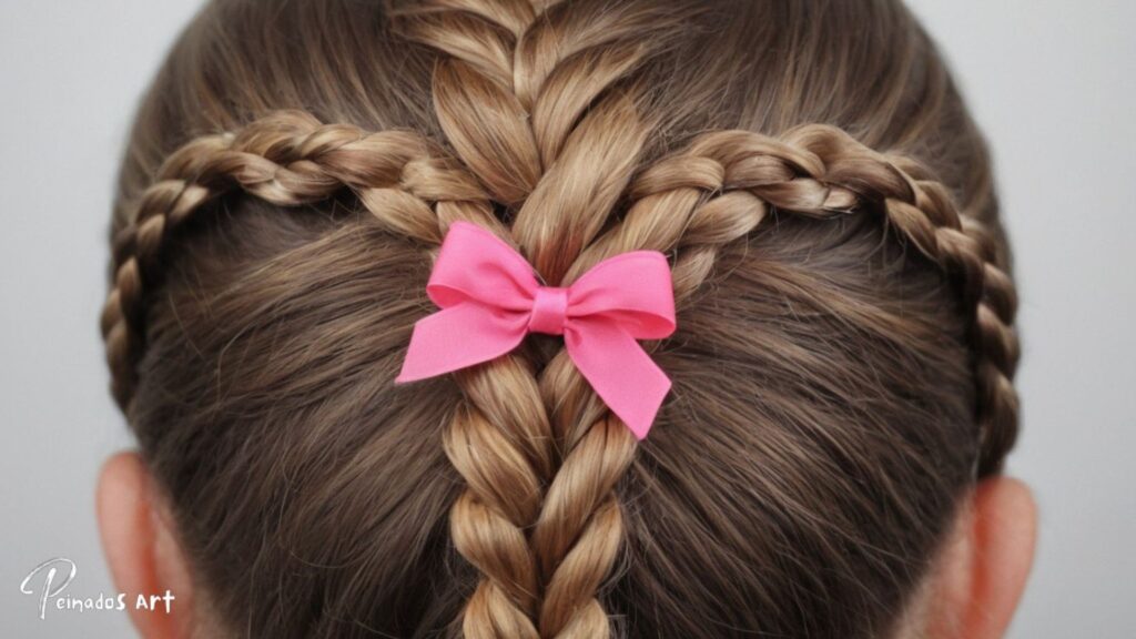 Una joven con un lazo rosa en el pelo, luciendo una trenza de corazón con cinta en 2024.
