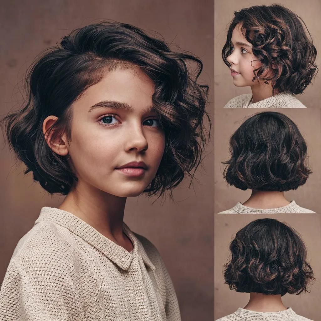 Una niña con un bob corto y rizado. Corte de pelo para niñas de 13 años.