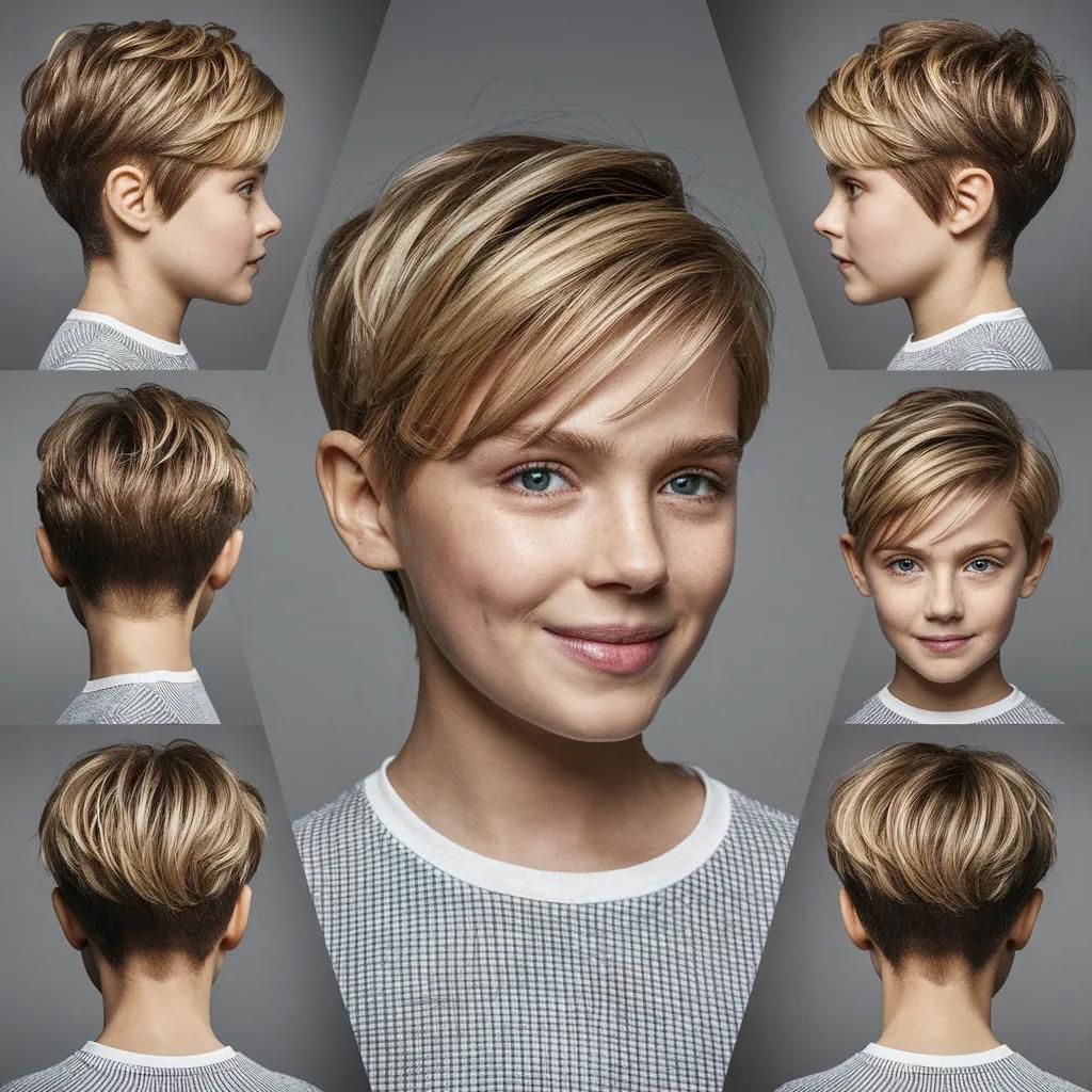 Una niña con cabello rubio corto y vista de perfil. Corte de pelo para niñas de 13 años.