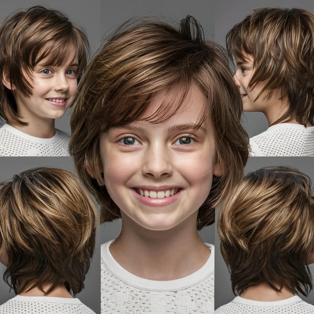 Collage de fotos de una niña con corte de pelo corto.