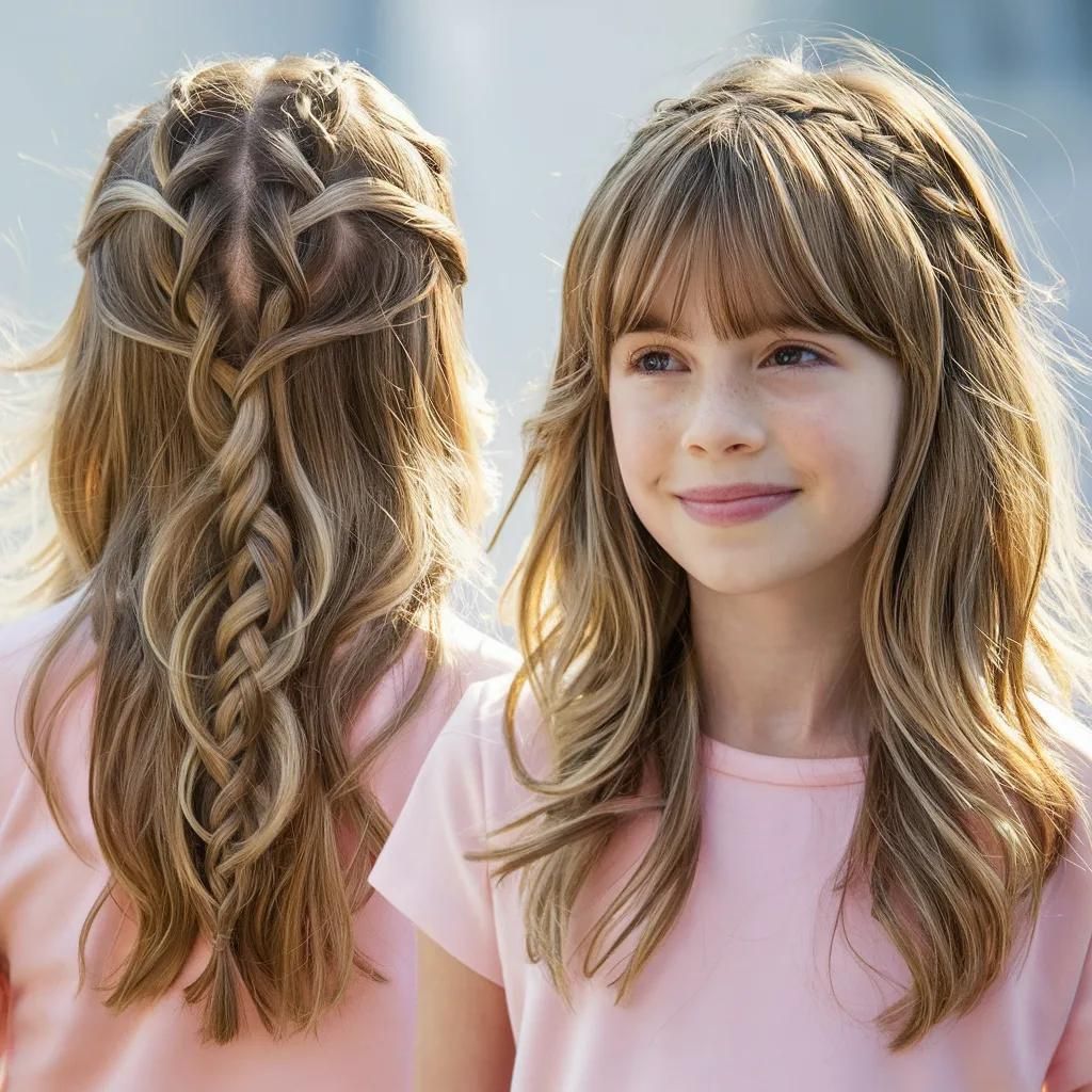 Dos niñas jóvenes con cabello largo en una trenza. Corte de pelo para niñas de 14 años.
