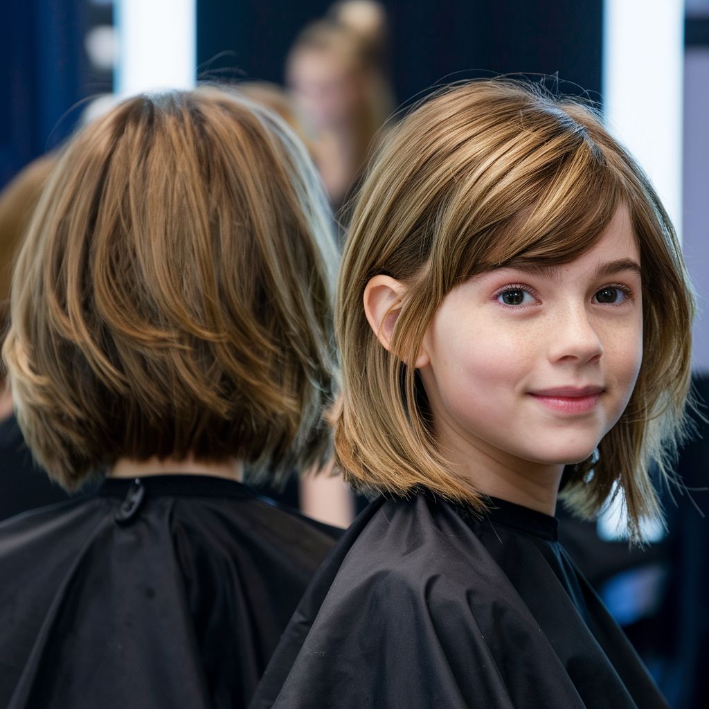 Una joven niña de 15 años recibe un corte de pelo en un salón de belleza.