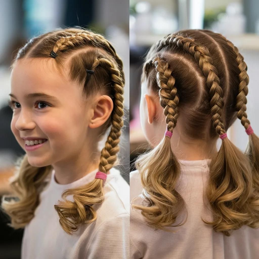 Una niña de 9 años con cabello largo en dos trenzas diferentes.